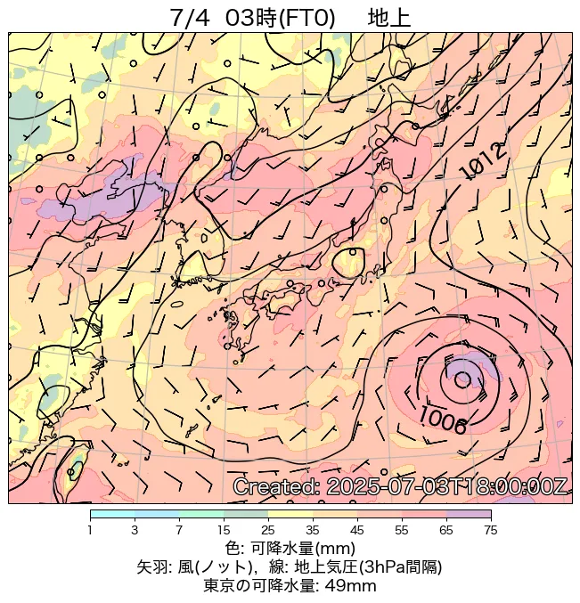 2025年7月4日の日本周辺の地上天気図（3時）