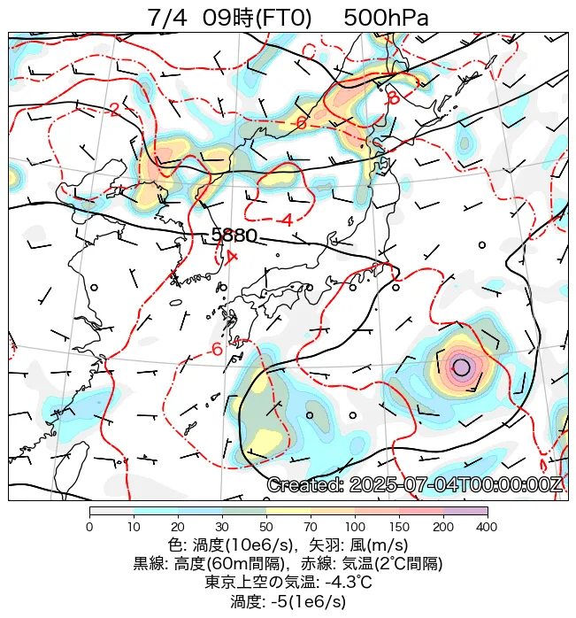 2025年7月4日の日本周辺の500hPa天気図（9時）