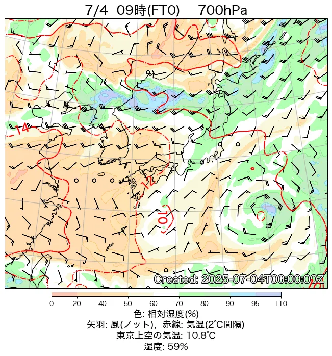 2025年7月4日の日本周辺の700hPa天気図（9時）