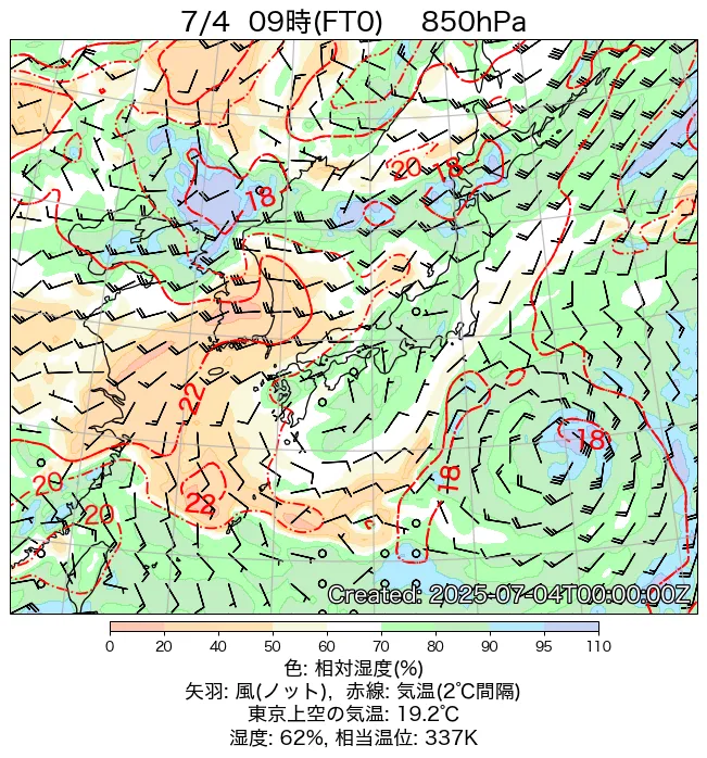 2025年7月4日の日本周辺の850hPa天気図（9時）