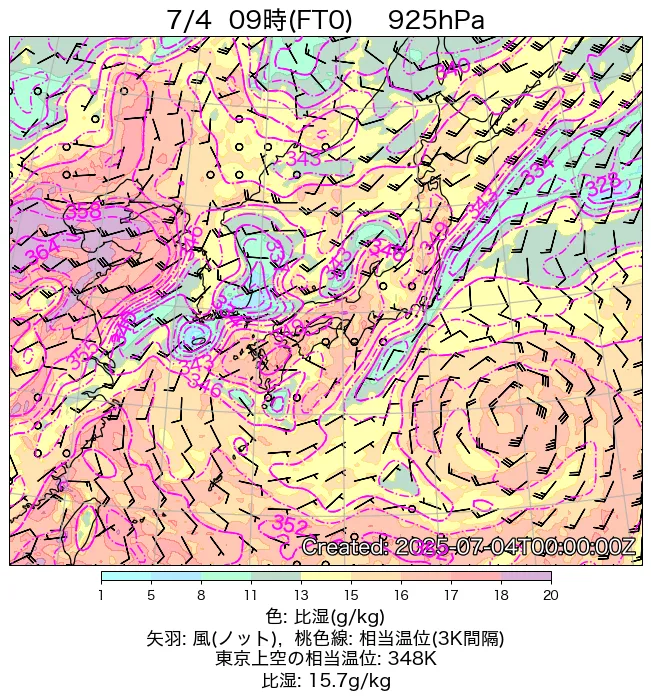 2025年7月4日の日本周辺の925hPa天気図（9時）