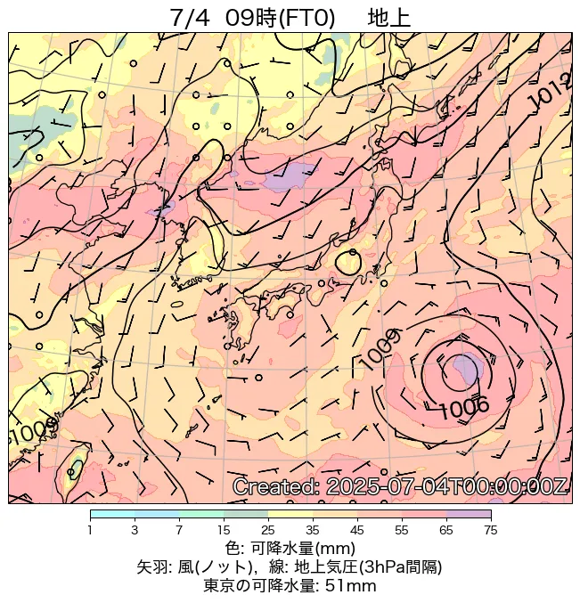 2025年7月4日の日本周辺の地上天気図（9時）
