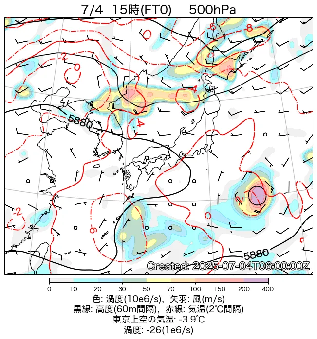 2025年7月4日の日本周辺の500hPa天気図（15時）