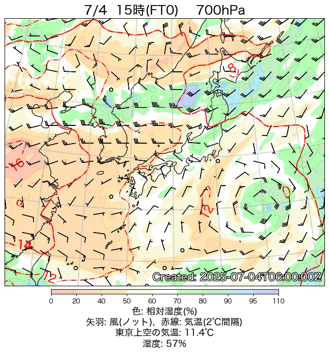 2025年7月4日の日本周辺の700hPa天気図（15時）
