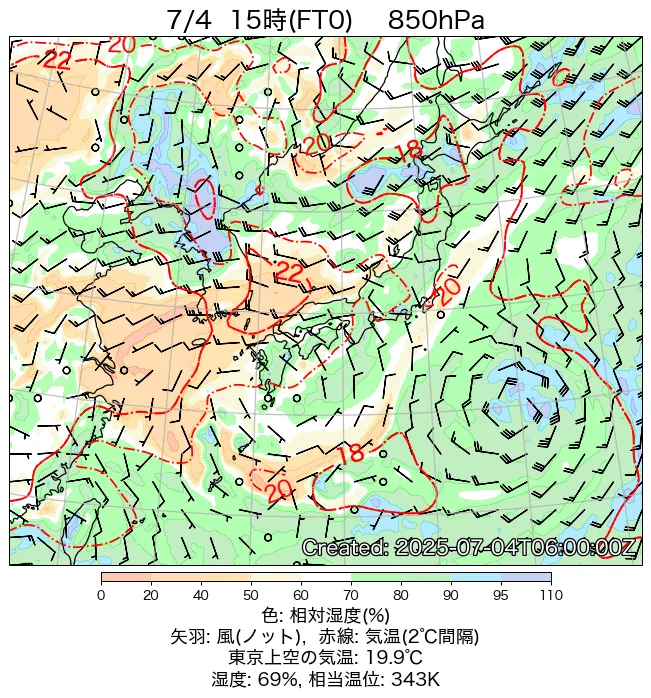 2025年7月4日の日本周辺の850hPa天気図（15時）