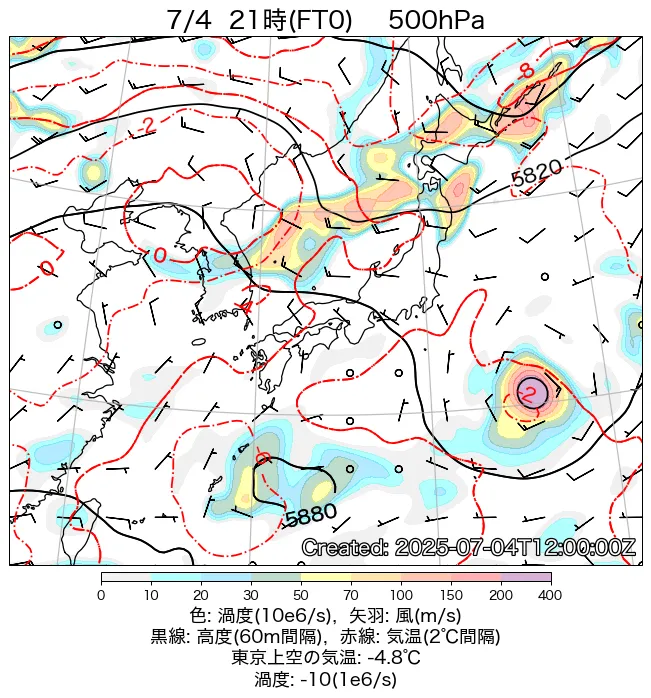 2025年7月4日の日本周辺の500hPa天気図（21時）