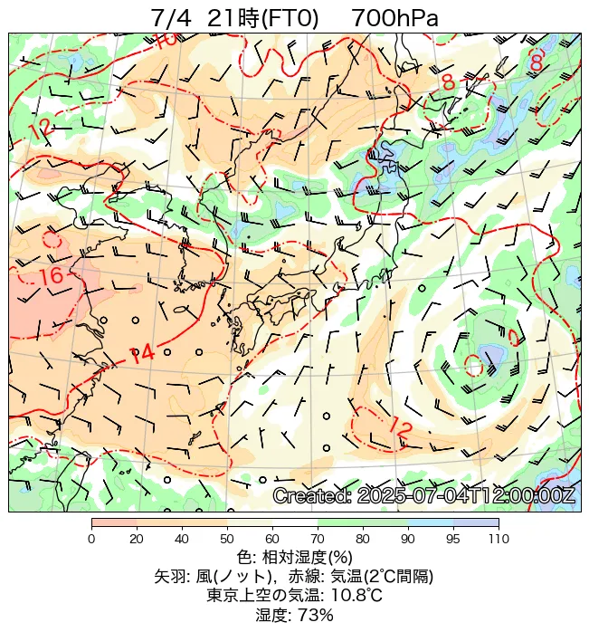 2025年7月4日の日本周辺の700hPa天気図（21時）