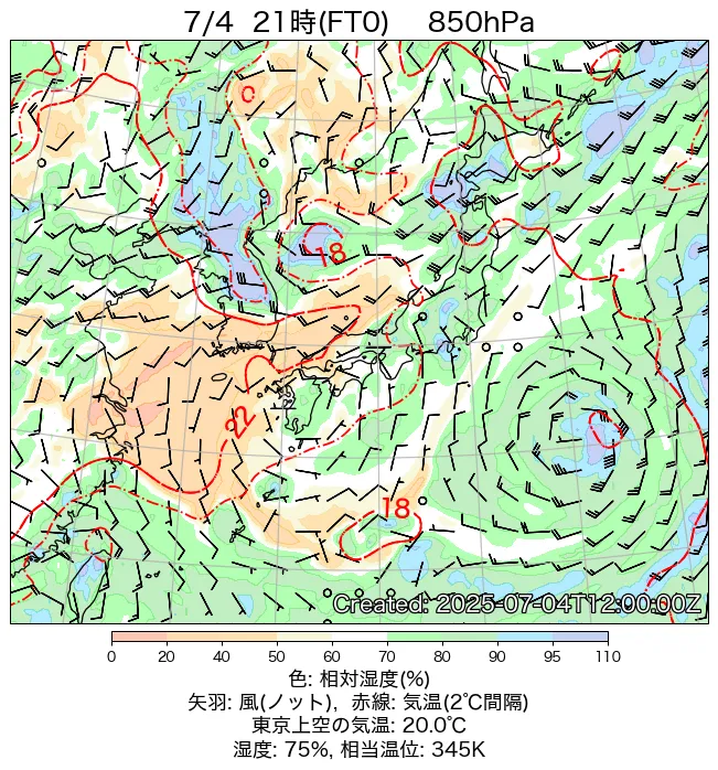 2025年7月4日の日本周辺の850hPa天気図（21時）