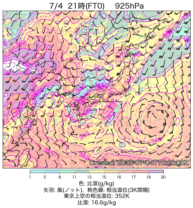 2025年7月4日の日本周辺の925hPa天気図（21時）