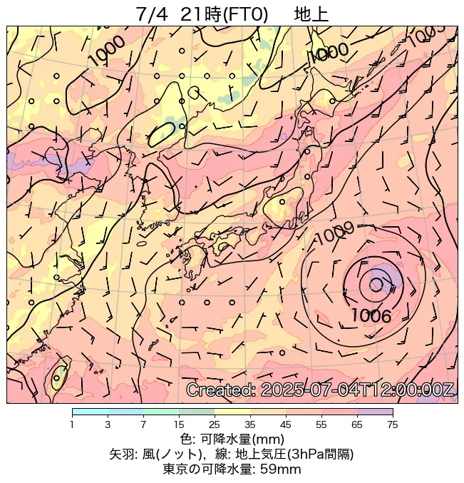 2025年7月4日の日本周辺の地上天気図（21時）