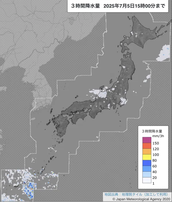 2025年7月5日の日本周辺の12〜15時の3時間解析降水量