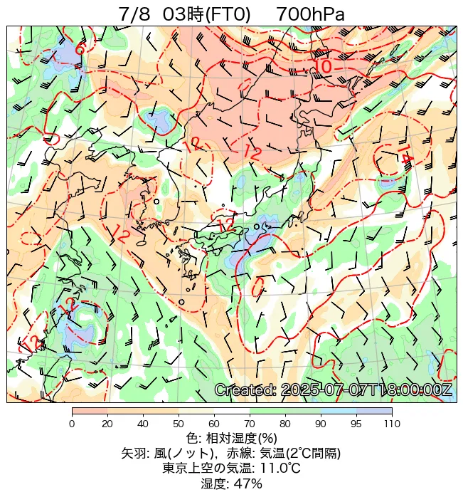 2025年7月8日の日本周辺の700hPa天気図（3時）