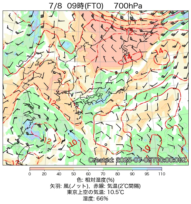 2025年7月8日の日本周辺の700hPa天気図（9時）