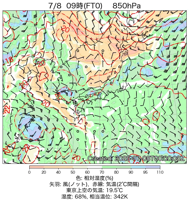2025年7月8日の日本周辺の850hPa天気図（9時）