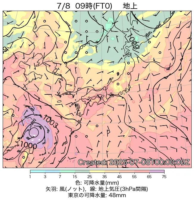 2025年7月8日の日本周辺の地上天気図（9時）