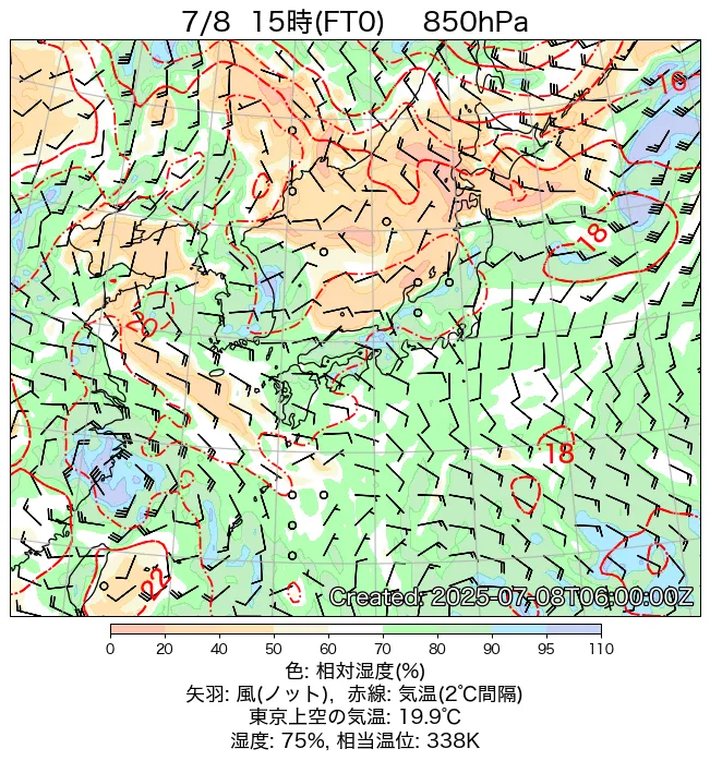 2025年7月8日の日本周辺の850hPa天気図（15時）