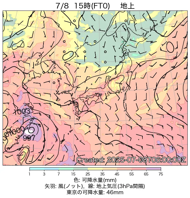 2025年7月8日の日本周辺の地上天気図（15時）