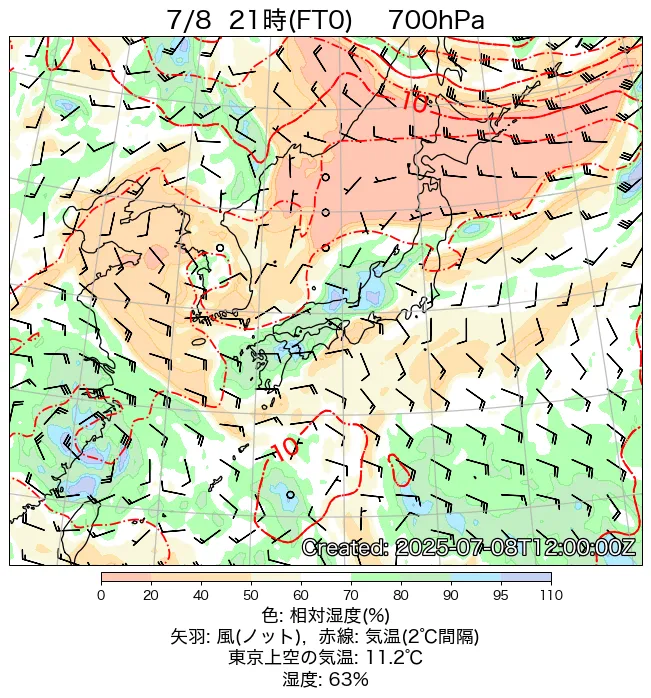 2025年7月8日の日本周辺の700hPa天気図（21時）