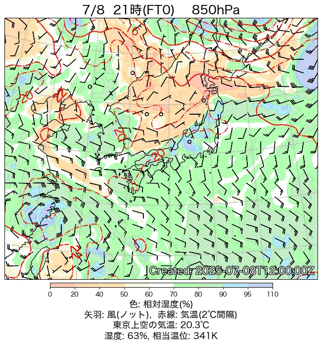 2025年7月8日の日本周辺の850hPa天気図（21時）