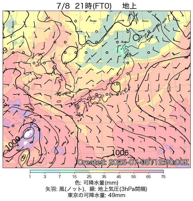 2025年7月8日の日本周辺の地上天気図（21時）