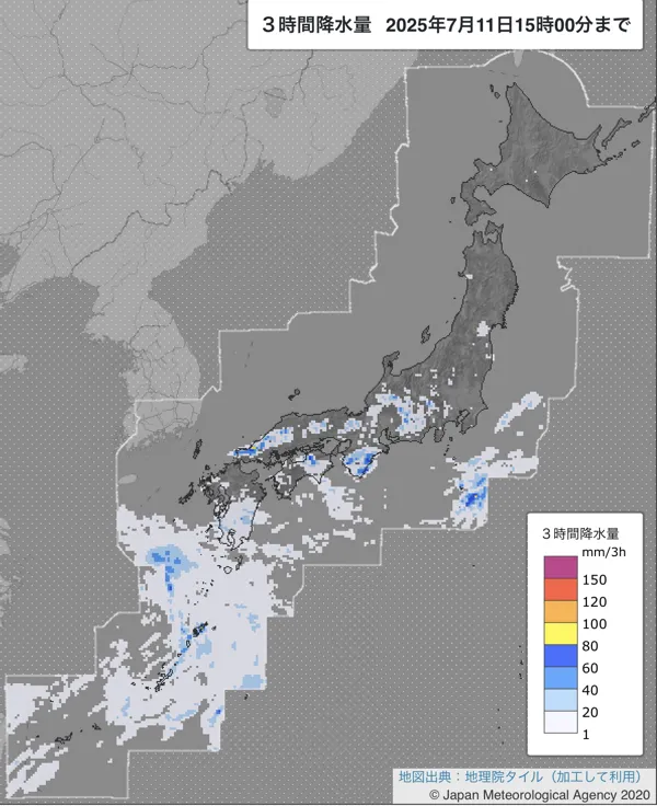 2025年7月11日の日本周辺の12〜15時の3時間解析降水量