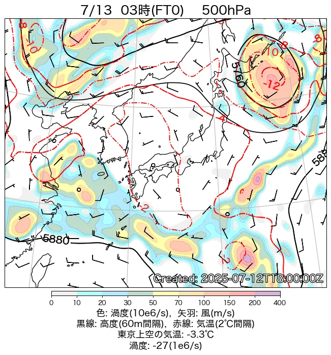 2025年7月13日の日本周辺の500hPa天気図（3時）