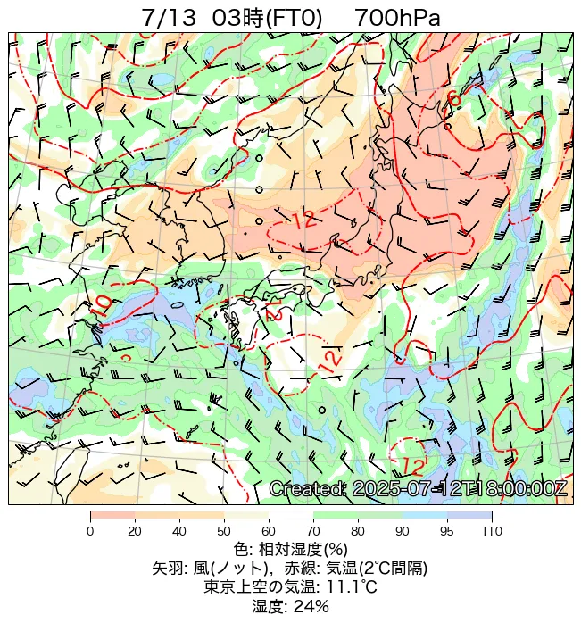 2025年7月13日の日本周辺の700hPa天気図（3時）