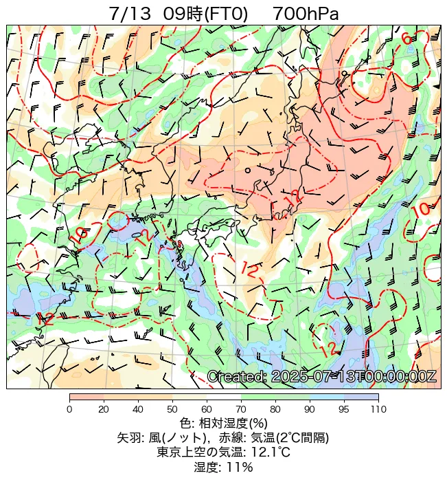 2025年7月13日の日本周辺の700hPa天気図（9時）
