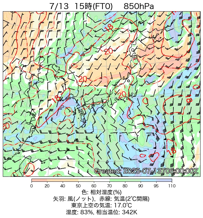 2025年7月13日の日本周辺の850hPa天気図（15時）