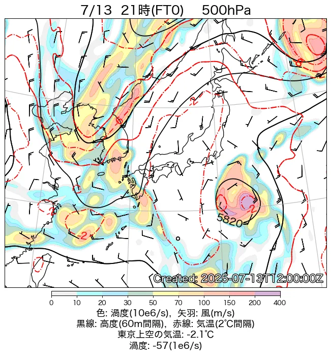 2025年7月13日の日本周辺の500hPa天気図（21時）