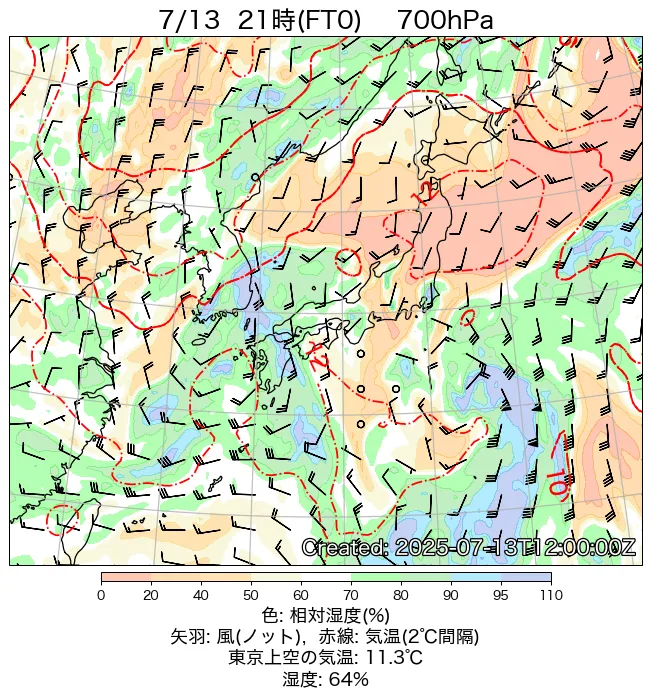 2025年7月13日の日本周辺の700hPa天気図（21時）