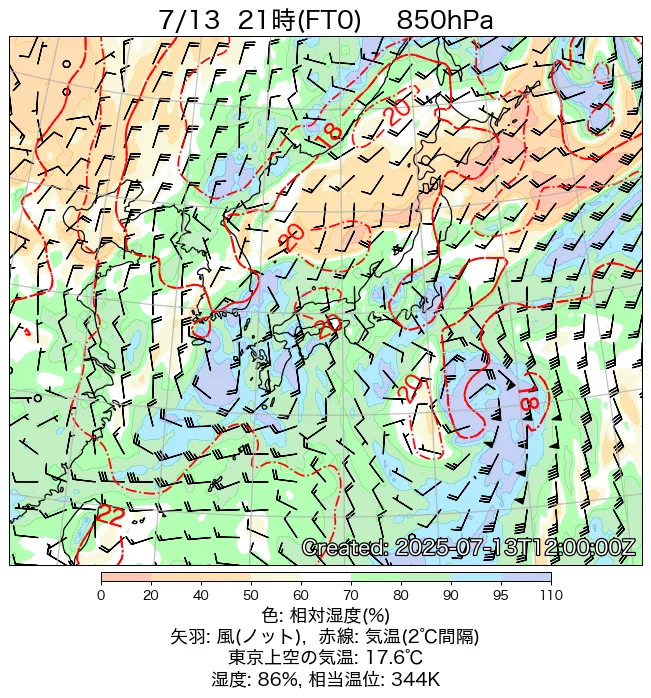 2025年7月13日の日本周辺の850hPa天気図（21時）