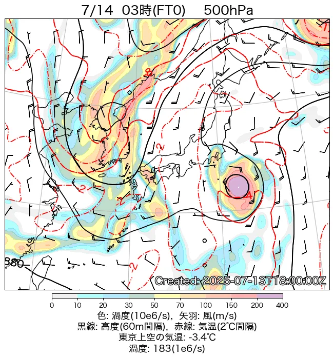 2025年7月14日の日本周辺の500hPa天気図（3時）