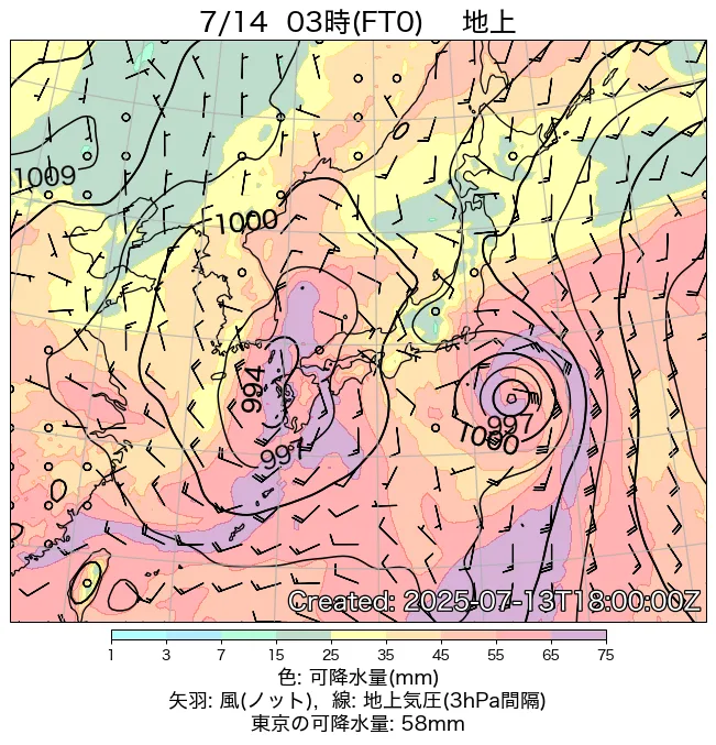 2025年7月14日の日本周辺の地上天気図（3時）