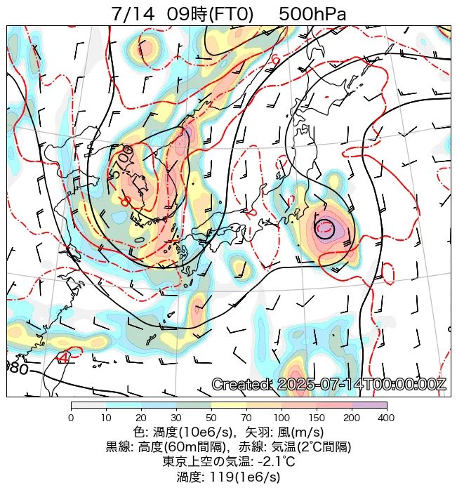 2025年7月14日の日本周辺の500hPa天気図（9時）