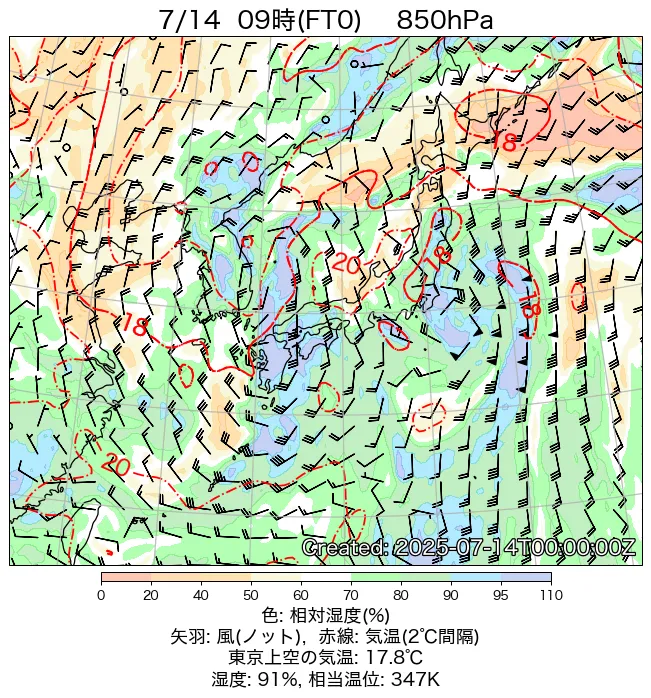 2025年7月14日の日本周辺の850hPa天気図（9時）