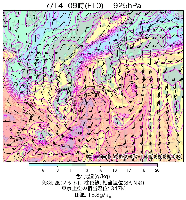 2025年7月14日の日本周辺の925hPa天気図（9時）