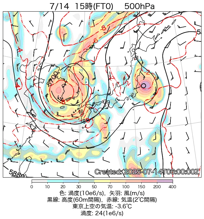 2025年7月14日の日本周辺の500hPa天気図（15時）