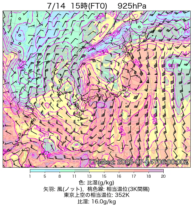 2025年7月14日の日本周辺の925hPa天気図（15時）