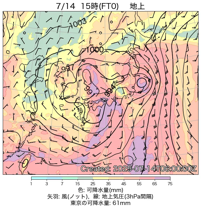 2025年7月14日の日本周辺の地上天気図（15時）