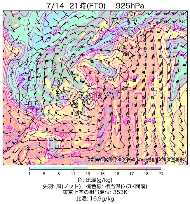 2025年7月14日の日本周辺の925hPa天気図（21時）