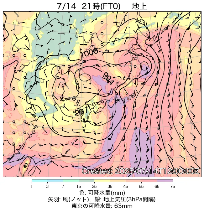 2025年7月14日の日本周辺の地上天気図（21時）