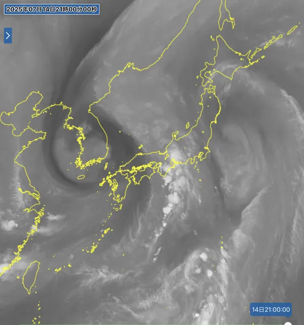 2025年7月14日21時の日本周辺の衛星水蒸気画像