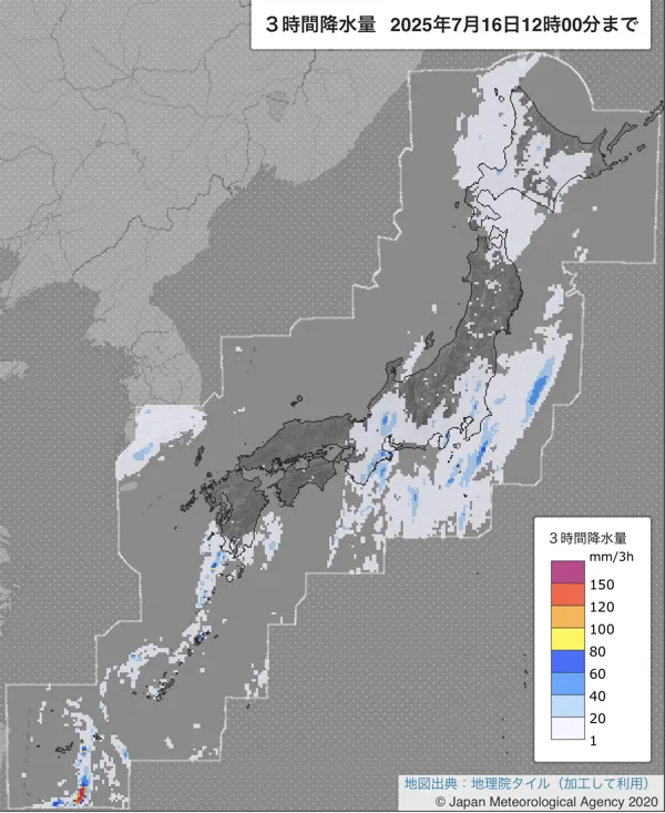 2025年7月16日の日本周辺の9〜12時の3時間解析降水量