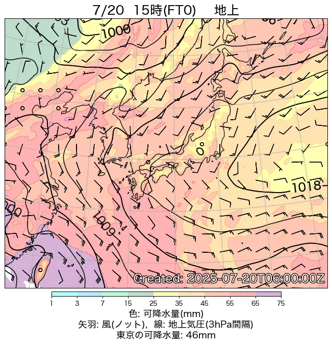 2025年7月20日の日本周辺の地上天気図（15時）