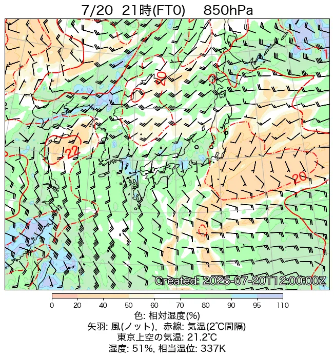2025年7月20日の日本周辺の850hPa天気図（21時）