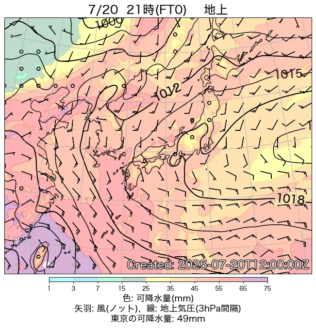 2025年7月20日の日本周辺の地上天気図（21時）