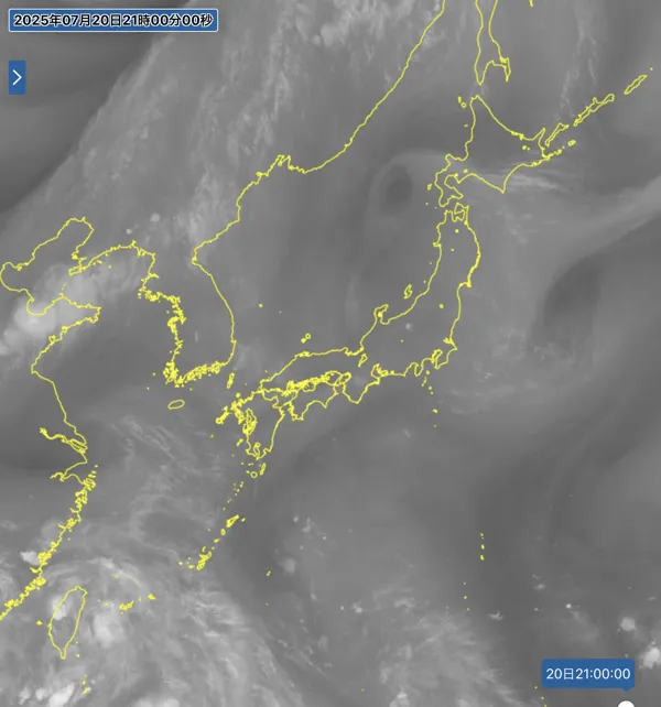 2025年7月20日21時の日本周辺の衛星水蒸気画像