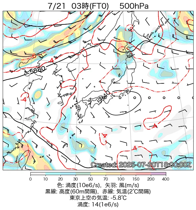 2025年7月21日の日本周辺の500hPa天気図（3時）