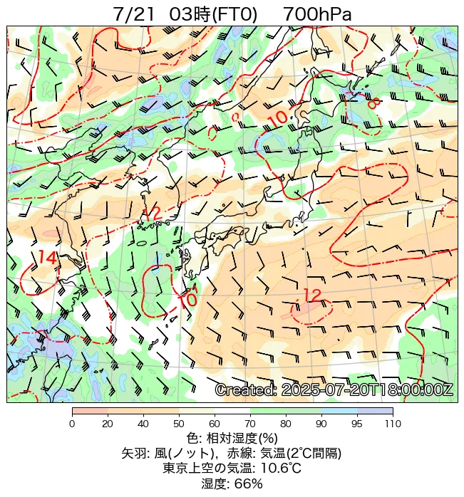 2025年7月21日の日本周辺の700hPa天気図（3時）